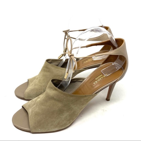 Aquazzura Estelle Leather Suede Cream Grey Taupe Ankle Tie Peep Toe Heels - Picture 2 of 13